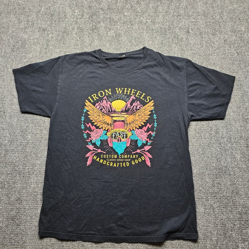 Iron Wheels Custom Company Graphic T-Shirt Black Large Fruit of the Loom